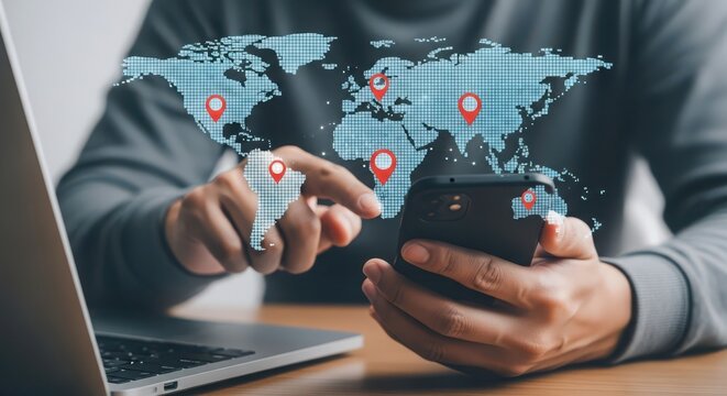 A person is using a smartphone with a world map overlay for global connection