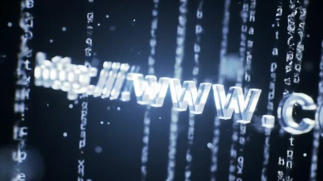 Glowing http and www dot com text animation in digital code background
