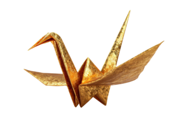 Elegant golden origami crane art studio photography minimalist. Isolated on transparent background, png.