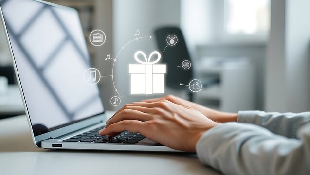 A person's hands typing on a laptop keyboard, selecting a digital gift from an online loyalty program. E-commerce concept with virtual icons.