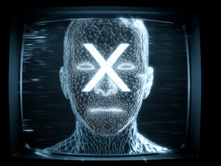 AI facial recognition failure on a vintage computer, access denied.