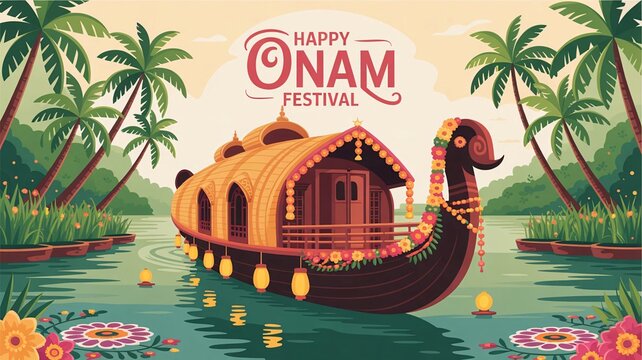Happy onam festival celebrated with a decorated boat on a serene waterway
