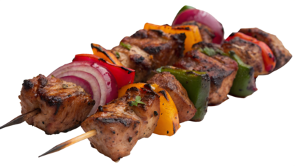 Grilled meat skewers with colorful vegetables on a transparent background. The skewers include pieces of chicken, bell peppers, and onions.