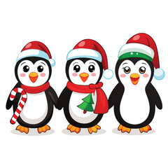 Fototapeta premium A cute cartoon penguin couple enjoys the snowy winter wonderland with a festive Christmas tree and a snowman, spreading holiday cheer