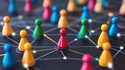 Colorful Plastic Game Pawns Representing Diversity on a Communication Network Connecting Communities