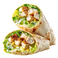Grilled Chicken Caesar Salad Wrap with Lettuce and Creamy Dressing isolated on a transparent background