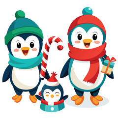 Fototapeta premium Cute cartoon penguin family with snowman enjoying winter snow and Christmas holiday fun