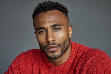 Close-up portrait of a confident young man with short curly hair and a red sweater against a gray background.