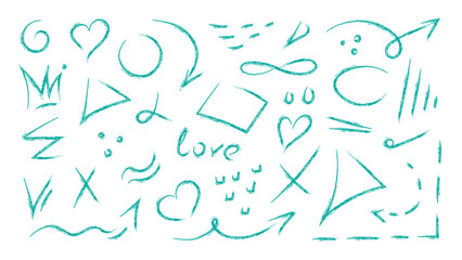 Hand drawn crayon doodle sketch elements in blue chalk texture on white background. Collection includes arrows, hearts, stars, crowns, spirals, abstract symbols, and playful shapes. Perfect for