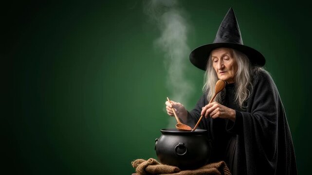 Old woman witch with long gray hair cooking magical potion in a smoking cauldron for halloween and monster theme, footage.