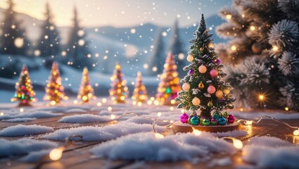 Enchanting winter evening with decorated christmas trees and twinkling lights