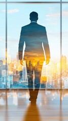 Technology and metaverse influence visualized through businessman silhouette with futuristic skyline, digital future workforce and immersive urban tech blend for visionary leadership