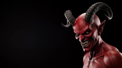 Red horned grimacing devil with glowing eyes on black background for Halloween horror concept footage. - Powered by Adobe