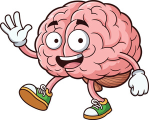 Cartoon brain character waving hello and walking happily