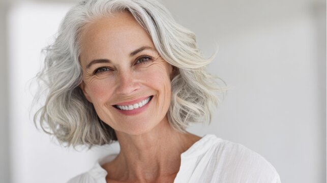 Bright smiling mature woman with gray curly hair in a white blouse in a bright minimalistic room. - Powered by Adobe