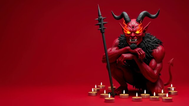 Red devil creature with glowing eyes holding a spear, surrounded by lit candles for halloween or fantasy footage. - Powered by Adobe