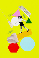 Sketch image 3d pop banner collage of happy preteen schoolgirl walk pc monitor keypad mouse desktop...