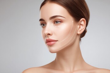 Elegant young woman with clear skin and flawless complexion in a professional studio shot.