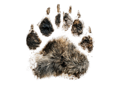 Bear paw print discovery forest trail nature photography close-up. Isolated on transparent background, png.