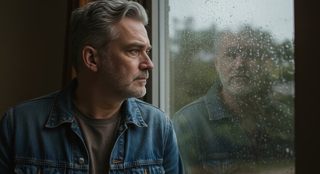 A thoughtful man contemplating life while looking through a rain-streaked window pane - Powered by Adobe