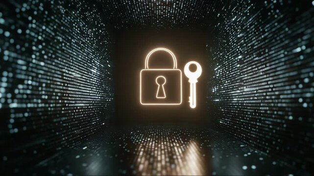 Digital lock and key symbol in abstract futuristic background  