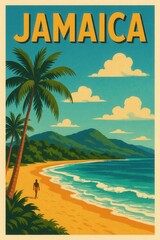 Illustration of a man strolling along a golden sandy beach in Jamaica with clear blue waves, tall palm trees, and forested mountains under a bright sky