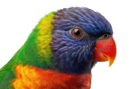 Vibrant rainbow lorikeet close-up wildlife photography studio macro. Isolated on transparent background, png.