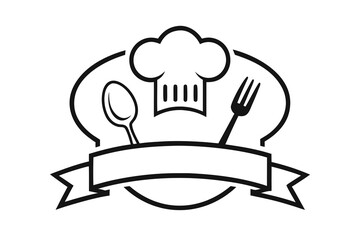 Chef hat spoon fork and ribbon emblem for culinary excellence and restaurant branding