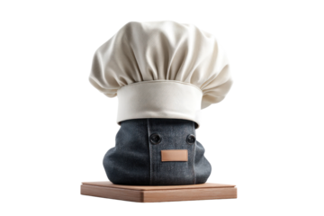 Chef hat display on wooden base culinary decor kitchen setting. Isolated on transparent background, png.