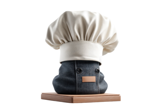 Chef hat display on wooden base culinary decor kitchen setting. Isolated on transparent background, png.