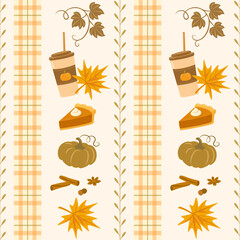 Pumpkin Spice Seamless Vector Pattern with Coffee, Pie, Pumpkins and Autumn Elements
