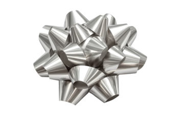 Creative silver bow decoration for gifts studio setting close-up. Isolated on transparent background, png.