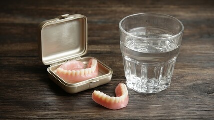 Set of dentures in a case beside a glass of water realistic aging healthcare item