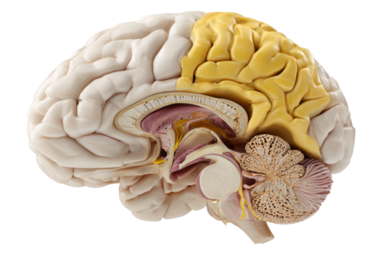 Educational 3d model exploring brain anatomy in medicine. Isolated on transparent background, png.