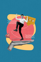 Exclusive image vertical photo collage of happy guy dance phone screen like notification speech...