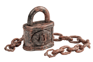Rusty lock and chain vintage still life indoor close-up view. Isolated on transparent background, png.