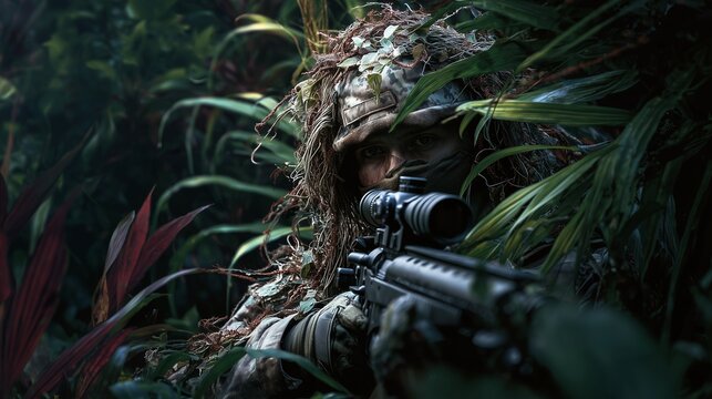 Sniper unit camouflaged in dense jungle terrain during covert mission inaccessible military scene