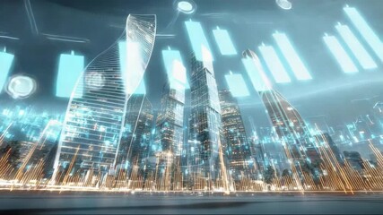 Futuristic city skyline with digital data overlay and charts - Powered by Adobe