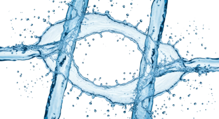 Intertwined water streams creating a complex splash pattern.