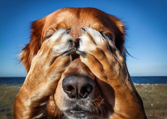 Ein Hund hält sich mit beiden Pfoten die Augen zu