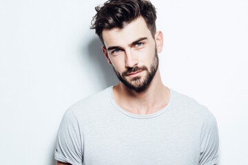 Obraz premium Attractive young man with styled dark hair and beard wearing casual gray t-shirt posing against plain white background.
