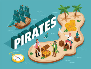 Pirate Island and Treasure adventure Exploration Isometric Illustration