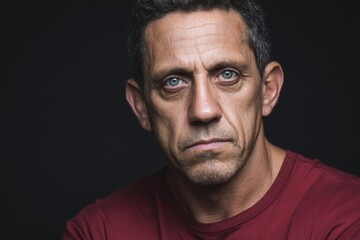 Fototapeta premium Intense close-up portrait of serious middle-aged man with piercing blue eyes and dark background.