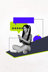 Composite sketch design artwork 3D photo collage of message box speech cloud chat young woman sit...