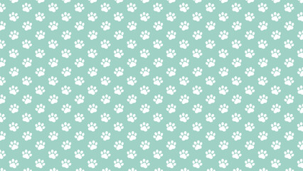 White paw print seamless pattern on a soft mint green background. Peaceful vector for pet themes