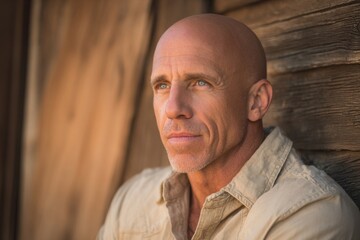 Fototapeta premium Close-up portrait of a mature bald man with blue eyes and outdoor background in natural light.