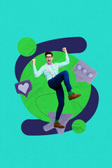 banner collage of young guy stand cursor raise fists up on green color background