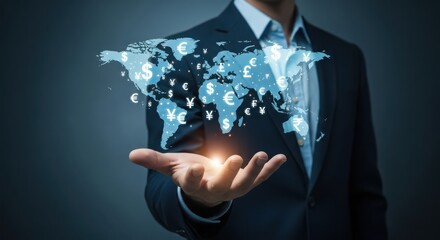 A businessman holds a world map with currency symbols representing global finance and international business