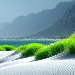 Windswept Sand Dunes and Bright Green Plants by a Calm Ocean Bay