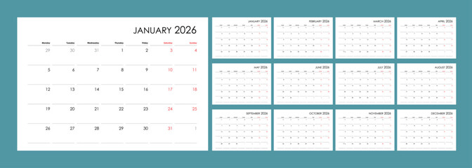 Planner calendar for 2026 english